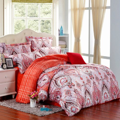 6100000806887 - D&G 100% VELVET 130G REACTIVE PRINTING 5-PIECE DUVET COVER SET WITH COMFORTER NWY7-010FQ FULL SIZE QUEEN SIZE RED,ORANGE FLORAL PATTERN WHITE BACKGROUND MODERN SIMPLE STYLE