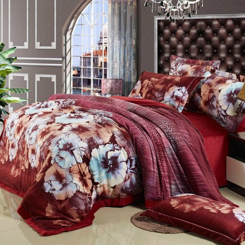 6100000807617 - D&G 100% VELVET 220G REACTIVE PRINTING 5-PIECE DUVET COVER SET WITH COMFORTER TWO NWY9-018FQ FULL SIZE QUEEN SIZE ORANGE AND BLUE FLOWERS PATTERN WINE-RED BACKGROUND MODERN SIMPLE STYLE