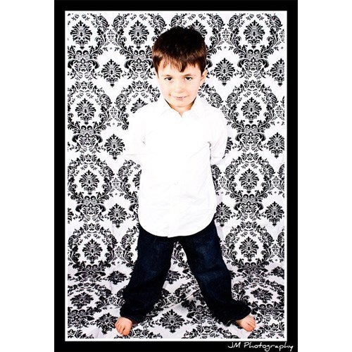 0610373028985 - LA LINEN™ PHOTOGRAPHY BACKDROP FLOCKING TAFFETA/DAMASK 9 FT HIGH X 5 FT WIDE. BLACK ON WHITE. MADE IN USA.