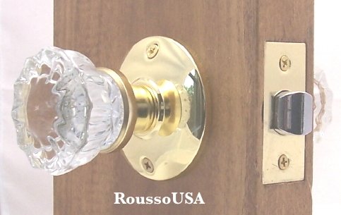 0610373996048 - A VERY AFFORDABLE FLUTED CRYSTAL GLASS & POLISHED BRASS PASSAGE DOOR KNOB SETS FOR MODERN DOORS+INCLUDES OUR ORIGINAL WOOD ADAPTERS TO INSTALL IN MODERN PRE-DRILLED DOORS OR REPLACEMENT SET FOR OLDER DOORS.