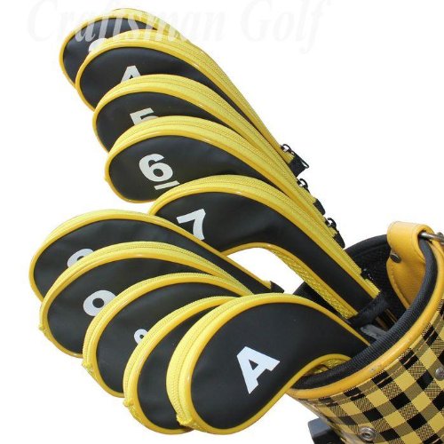 0610393489957 - 6000104 CRAFTSMAN GOLF USA STOCK 3-SW 10 LONG NECK IRON SYNTHETIC LEATHER DURABLE ZIPPERED HEAD COVERS BLACK & YELLOW FIT ALL BRANDS TITLEIST, CALLAWAY, PING, TAYLORMADE, COBRA, NIKE, ETC.