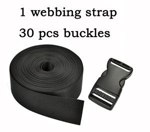 0610395161530 - COSMOS ® 1.5 INCH WIDE 10 YARDS BLACK NYLON HEAVY WEBBING STRAP+30 PCS 1.5 BLACK COLOR FLAT SHAPE PLASTIC SIDE RELEASE PLASTIC BUCKLES WITH COSMOS FASTENING STRAP
