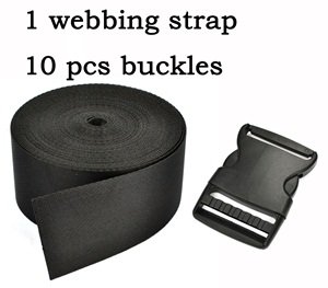 0610395161547 - COSMOS ® 2 INCH WIDE 10 YARDS BLACK NYLON HEAVY WEBBING STRAP+10 PCS 2 BLACK COLOR FLAT SHAPE PLASTIC SIDE RELEASE PLASTIC BUCKLES WITH COSMOS FASTENING STRAP