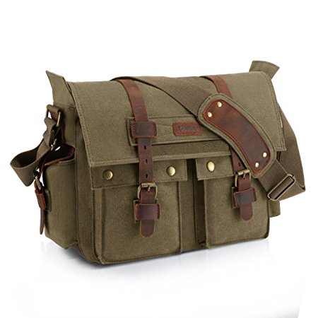 0610422247596 - KATTEE BRITISH STYLE RETRO UNISEX CANVAS LEATHER MESSENGER SHOULDER BAG FITS 14.7 LAPTOP (ARMY GREEN)