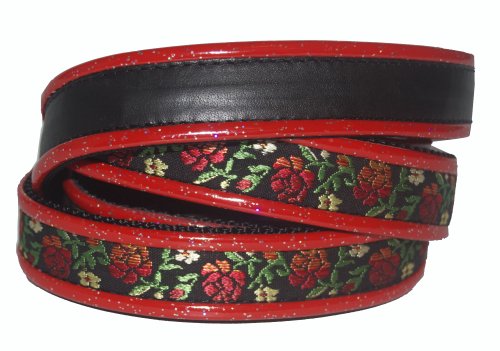 0610696210876 - JODI HEAD'S RJ CASH PETWEAR BROCADE RED ROSES DOG COLLAR AND LEASH, MEDIUM, BLACK WITH RED ROSES, GREEN LEAVES AND RED BINDING
