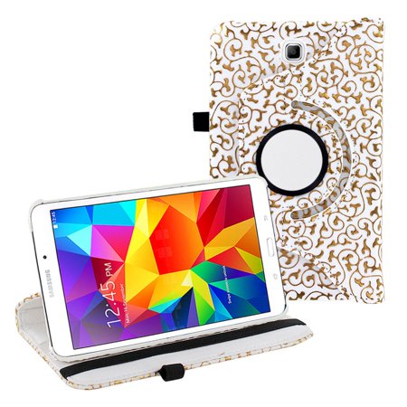 0610696463098 - KIQ(TM) FLOWER FLORAL VINE WHITE AND GOLD 360 ROTATING LEATHER CASE SKIN COVER FOR SAMSUNG TAB 4 7 T230