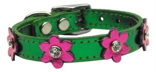 0611102072002 - MIRAGE PET PRODUCTS 83-08 10EMGM-PKM FLOWER LEATHER METALLIC EMERALD GREEN WITH MTL PK FLOWERS 10