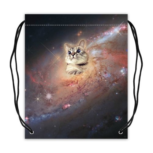 0611177074291 - GALAXY SPACE CAT BASKETBALL DRAWSTRING BACKPACK BAGS,SPORT BALL BAG - 16.5(W) X 19.3(H),(TWIN SIDES)