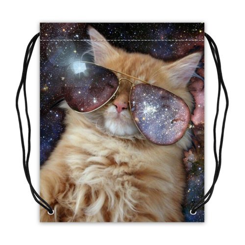 0611177081565 - GALAXY SPACE GLASSES CAT POLYESTER FABRIC BASKETBALL DRAWSTRING BAGS DRAWSTRING TOTE