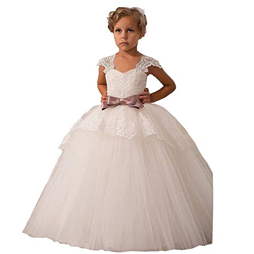 6113374107894 - ELEGANT LACE APPLIQUES CAP SLEEVES TULLE FLOWER GIRL DRESS WHITE IVORY 1-14 YEAR OLD (SIZE 6, IVORY)