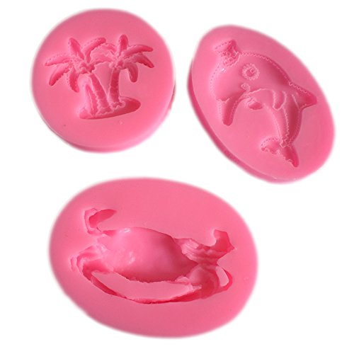0611801062229 - CARTOON DOLPHIN CRAB COCONUT TREE SILICONE MOLDS CUP CAKE DECORATING TOOLS SET OF 3
