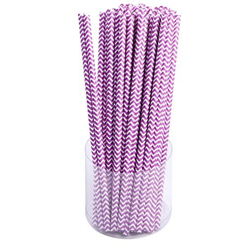 0611968378324 - WEBAKE 100 PACK DRINKING PAPER STRAWS STRIPED 7.75 INCH DISPOSABLE REPLACEMENT BIODEGRADABLE (PURPLE)
