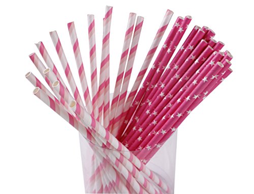 0611968378355 - WEBAKE BIODEGRADABLE PAPER STRAWS PINK STRIPED AND STAR PATTERN FOR WEDDING PARTY BIRTHDAY SET OF 100