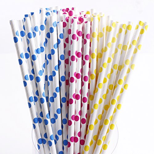 0611968378362 - WEBAKE POLKA DOT PAPER STRAWS BIODEGRADABLE 7.75 INCHES 75 PACK (ROSE RED,YELLOW,BLUE)