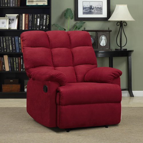 0612085840961 - PROLOUNGER WALL HUGGER MICROFIBER BISCUIT BACK RECLINER - CRIMSON RED - LIVING ROOM FURNITURE - COMFORTABLE CHAIR - PERFECT FOR HOME THEATER AND MEDIA ROOMS - 100 PERCENT POLYESTER MICROFIBER FABRIC - ISTA 3A CERTIFIED - 1 YEAR PRODUCT WARRANTY