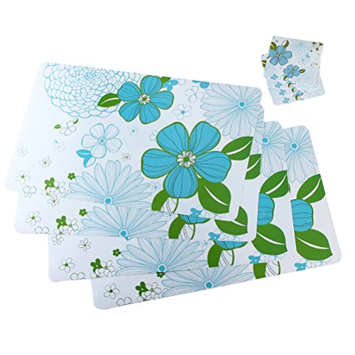 0612456789981 - SET OF 8, PLACEMATS WITH BLUE FLOWERS, WATERPROOF SERVICE MATS PLASTIC, 17*11INCHES