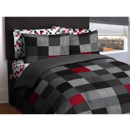 0612520390389 - LATITUDE TEEN AMERICA BORDERED GEOMETRIC RED, BLACK BLOCKS REVERSIBLE SOLID GRAY BEDDING QUEEN COMFORT SET FOR BOYS (5 PIECE IN A BAG)
