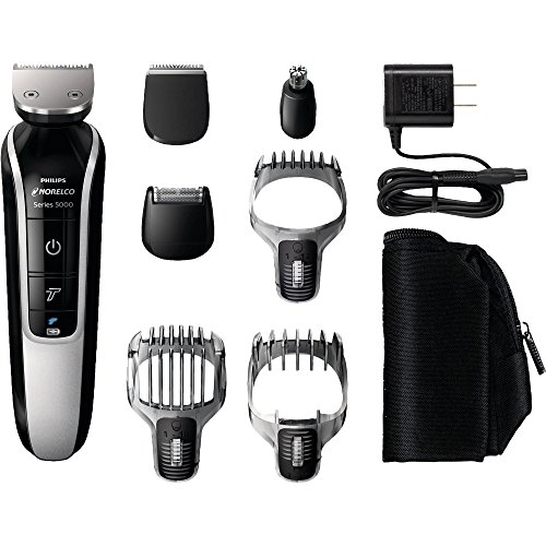 0612520701956 - PHILIPS NORELCO 7-PIECE MULTIGROOM SERIES 5100 MEN'S FACIAL HAIR TRIMMER GROOMING KIT WITH CHARGER AND POUCH