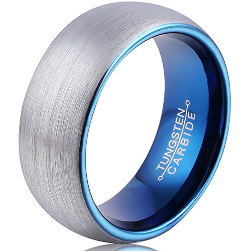 0613256106831 - FCL 8MM DOMED MENS TUNGSTEN CARBIDE BAND 8MM INNER PLATING BLUE FASHION WEDDING RINGS