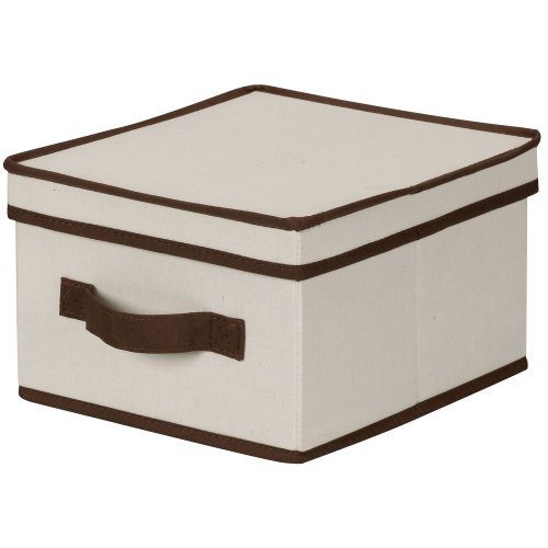 6133762255624 - HOUSEHOLD ESSENTIALS 511 STORAGE BOX WITH LID AND HANDLE - NATURAL BEIGE CANVAS WITH BROWN TRIM- MEDIUM