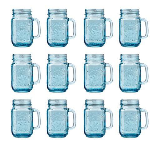 0614244857063 - SET OF 12 LIBBEY 16.5 OZ BLUE MASON JARS WITH EMBOSSED ROOSTER DESIGN AND COUNTY FAIR DRINKING JAR