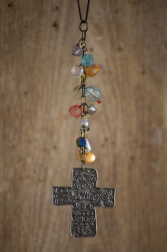 0614390301359 - NATURAL LIFE FLORAL MOTIF CROSS BE BLESSED CAR CHARM WITH BEADS