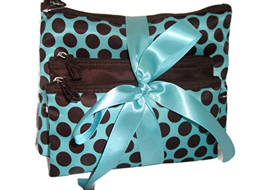 0614961999411 - TEAL POKA DOT 3 PIECE COSMETIC TOILETRY OR MAKE UP BAGS