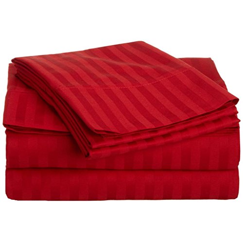 0615031012382 - EGYPTIAN COTTON 300 THREAD COUNT, TWIN 3-PIECE BED SHEET SET, DEEP POCKET, SINGLE PLY, SATEEN STRIPE, RED