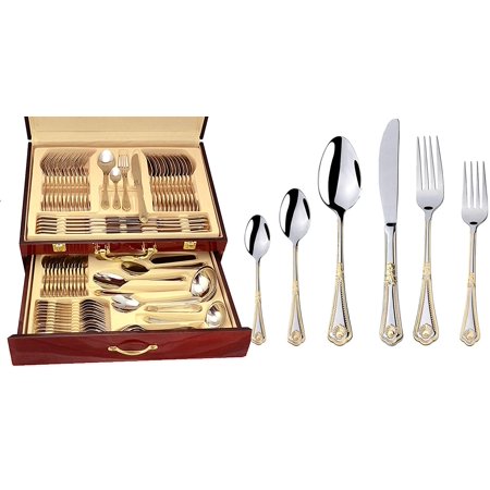 0616086794476 - WORLD GIFTS 65-PIECE FLATWARE SET, 304 (18/10) PREMIUM SURGICAL STAINLESS STEEL SILVERWARE, SERVICE FOR 12, 24K GOLD PLATED, HOSTESS SERVING SET IN A WOOD CAS