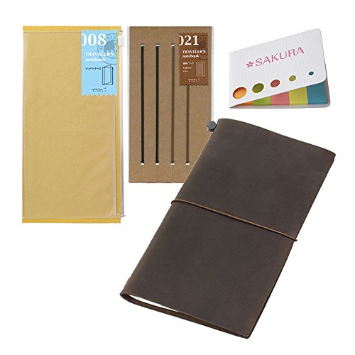 0616245232542 - MIDORI TRAVELER'S NOTEBOOK / REGULAR SIZE - BROWN BUNDLE SET! TRAVELER'S NOTEBOOK, LEATHER + REFILL CONNECTION RUBBER BAND + REFILL CLEAR ZIPPER CASE + ORIGINAL 5 COLORS STICKY NOTES