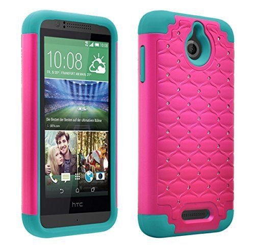 0616312631025 - DIGITAL4ALL(TM) FOR HTC DESIRE 510 DIAMOND STUDDED DEFENDER SILICONE RUBBER SKIN HARD CASE + (DIAMOND HOT PINK / TEAL)