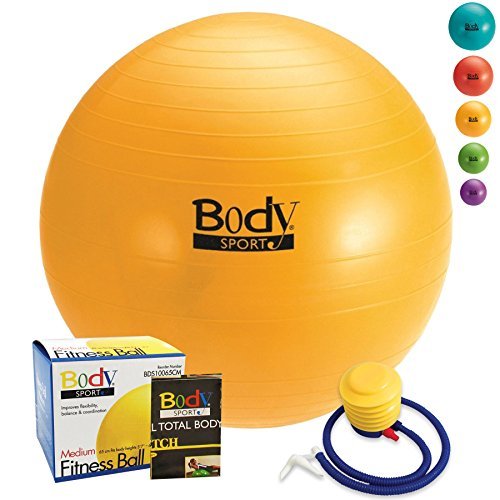 0616316177543 - YOGA BALL - BY BODYSPORT (YELLOW 65 CM) GREAT FOR PILATES EXERCISE FITNESS BALLS OR SMALL DESK CHAIR - FREE PUMP & EXERCISE GUIDE INCLUDED
