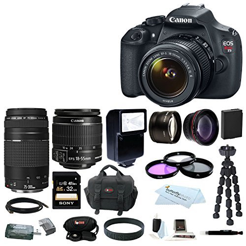 0616639715835 - CANON REBEL T5 DSLR CAMERA WITH EF-SS 18-55MM IS II & 75-300MM ZOOM LENS + SPARE BATTERY + AUTO SLAVE FLASH + WIDE ANGLE AND TELEPHOTO LENSES+32GB DELUXE ACCESSORY KIT