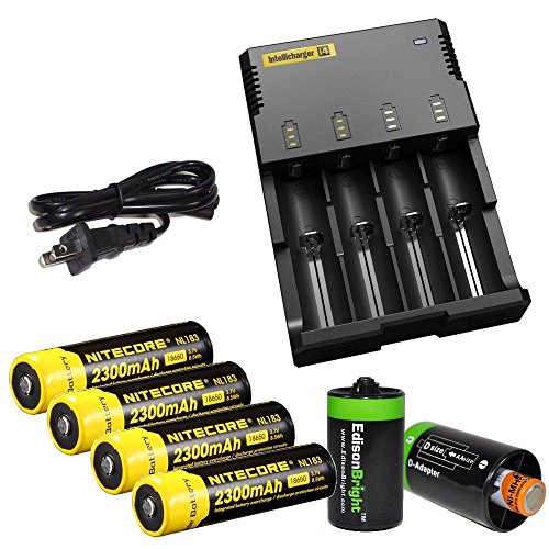 0616641592783 - NITECORE SYSMAX INTELLICHARGE I4, FOUR BAYS UNIVERSAL BATTERY CHARGER, FOUR NITECORE 18650 NL183 2300MAH RECHARGEABLE BATTERIES WITH 2 X EDISONBRIGHT AA TO D TYPE BATTERY SPACER/CONVERTERS