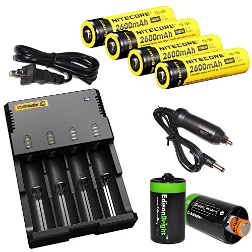 0616641592790 - NITECORE SYSMAX INTELLICHARGE I4 FOUR BAYS UNIVERSAL HOME/CAR BATTERY CHARGER, FOUR NITECORE 18650 NL186 2600MAH RECHARGEABLE BATTERIES WITH 2 X EDISONBRIGHT AA TO D TYPE BATTERY SPACER/CONVERTERS BUNDLE