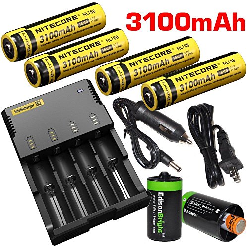 0616641592868 - NITECORE SYSMAX I4 FOUR BAYS UNIVERSAL HOME/IN-CAR BATTERY CHARGER, FOUR NITECORE 18650 NL188 3100MAH RECHARGEABLE LI-ION BATTERIES WITH 2 X EDISONBRIGHT AA TO D TYPE BATTERY SPACER/CONVERTERS