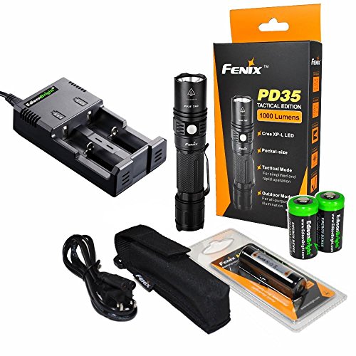 0616641593650 - FENIX PD35 1000 LUMEN CREE XP-L LED COMPACT TACTICAL FLASHLIGHT BUNDLE WITH EDISONBRIGHT 18650 2600MAH LI-ION RECHARGEABLE BATTERIES AND CHARGER