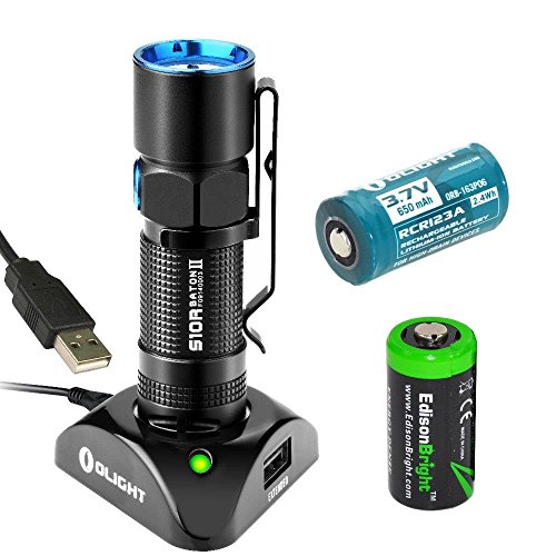 0616641597658 - OLIGHT S10R II BATON RECHARGEABLE 500 LUMENS CREE XP-L LED FLASHLIGHT EDC WITH RCR123 LI-ION BATTERY , CHARGING BASE AND EDISONBRIGHT CR123A LITHIUM BACK-UP BATTERY BUNDLE