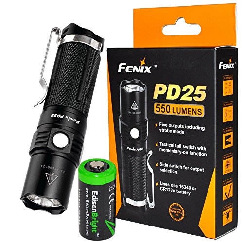 0616641598143 - FENIX PD25 550 LUMEN CREE XP-L V5 LED TACTICAL EDC FLASHLIGHT WITH HOLSTER, CLIP AND EDISONBRIGHT CR123A LITHIUM BATTERY BUNDLE