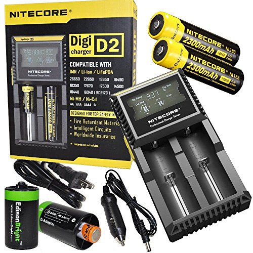 0616641599997 - NITECORE D2 DIGICHARGE UNIVERSAL HOME/IN-CAR BATTERY CHARGER, TWO NITECORE 18650 NL183 2300MAH RECHARGEABLE BATTERIES WITH 2 X EDISONBRIGHT AA TO D TYPE BATTERY SPACER/CONVERTERS (CHARGER FOR LI-ION, IMR, LIFEPO4 26650 22650 16340 RCR123 18650 17670 1849
