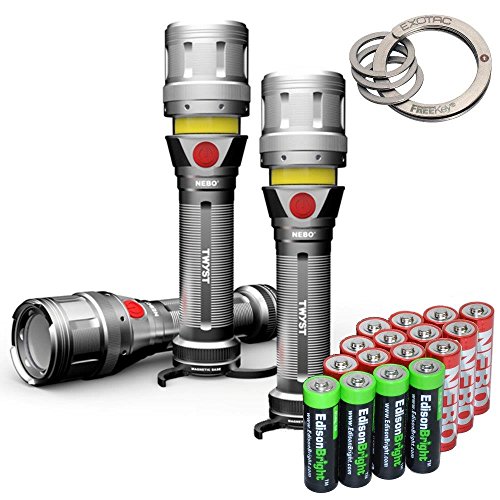 0616641600365 - 3 PACK NEBO 6296 TWYST 3400 LUX LED FLASHLIGHT/WORKLIGHT/LANTERN, EXOTAC FREEKEY SYSTEM WITH 4 X EDISONBRIGHT AA ALKALINE BATTERIES AND 12 X NEBO AA BATTERIES BUNDLE