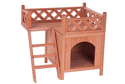 6166633158205 - MERAX PET DOG WOOD HOUSE WITH SIDE STEPS AND BALCONY, NATURAL COLOR