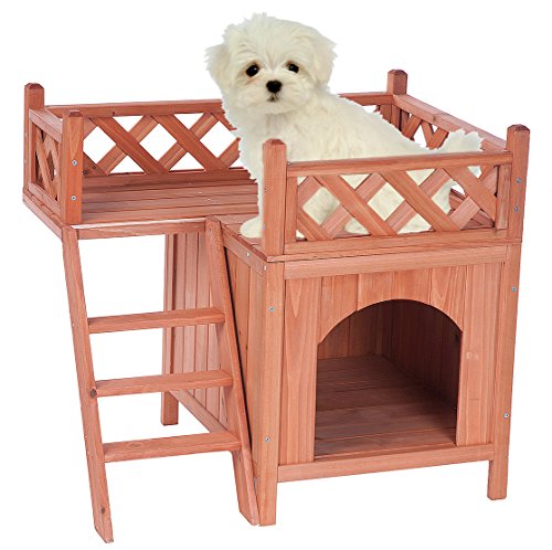 6166633158274 - MERAX INDOOR/OUTDOOR PET DOG WOOD HOUSE WITH SIDE STEPS AND BALCONY, NATURAL COLOR