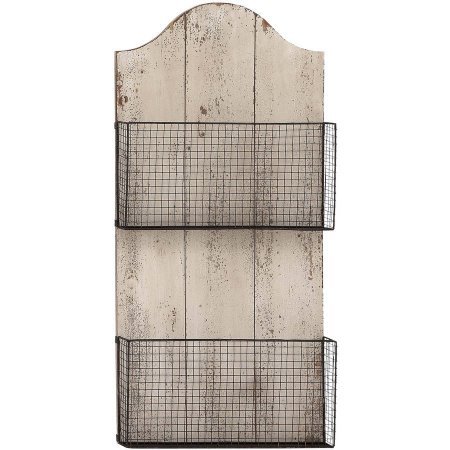 6168653879528 - DECMODE WOOD AND METAL WIRE WALL BASKET, OFF-WHITE