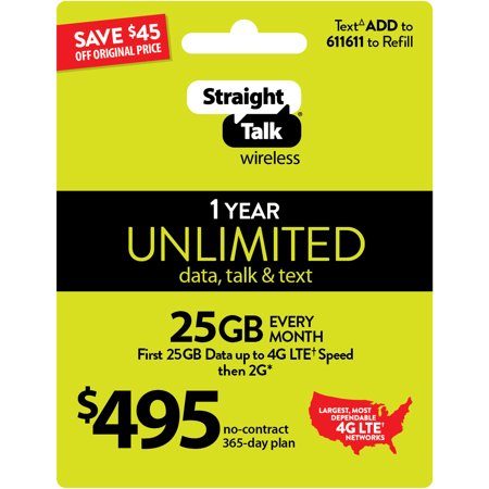 0616960064176 - STRAIGHT TALK $495 UNLIMITED 1 YEAR/365 DAY PLAN (WITH UP TO 25GB OF DATA AT HIGH SPEEDS, THEN 2G*) (EMAIL DELIVERY)