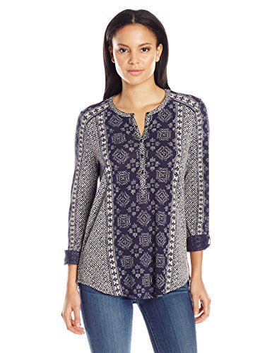 0617089476161 - LUCKY BRAND WOMEN'S ETCHED GEO HENLEY TOP, BLUE/MULTI, SMALL