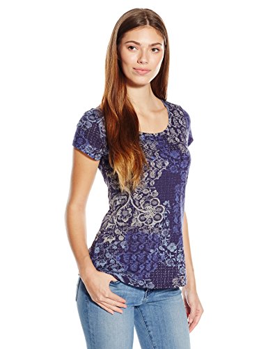 0617089514115 - LUCKY BRAND WOMEN'S PRINTED PATCHWORK TEE, BLUE/MULTI, SMALL