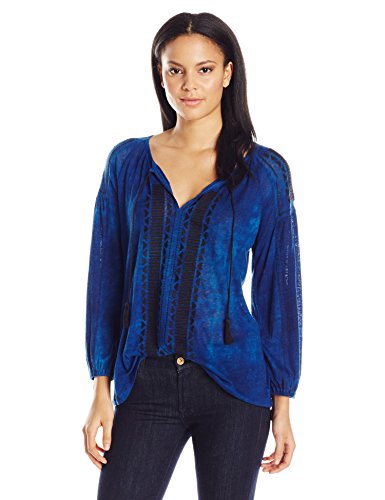 0617089948415 - LUCKY BRAND WOMEN'S EMBROIDERED PEASANT TOP IN BLUE MULTI, BLUE/MULTI, X-LARGE