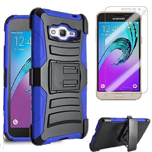 0617395988082 - SAMSUNG GALAXY SKY J3 V J3V / AMP PRIME/ GALAXY SOL 4G CASE HEAVY DUTY SHOCK IMPACT PROTECTION DUAL LAYER TACTICAL ARMOR KICKSTAND HOLSTER CASE + LCD SCREEN PROTECTOR (BLUE)