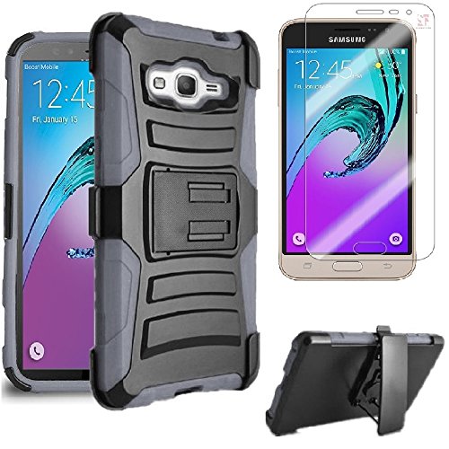 0617395988112 - SAMSUNG GALAXY SKY J3 V J3V / AMP PRIME/ GALAXY SOL 4G CASE HEAVY DUTY SHOCK IMPACT PROTECTION DUAL LAYER TACTICAL ARMOR KICKSTAND HOLSTER CASE + LCD SCREEN PROTECTOR (GRAY)